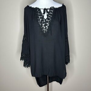 Womens 3/4 sleeve crochet sheer top/coverup black.